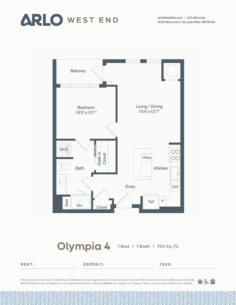 Floor plan for 1 bed, 1 bath, 704 sqft